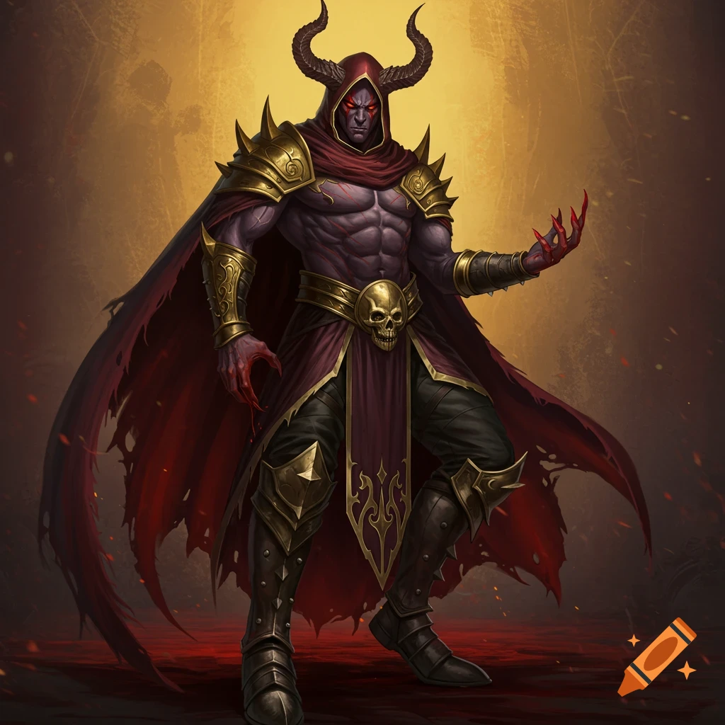 A powerful fantasy demon character in gold and red armor with horns and bloodied hands, standing dramatically.