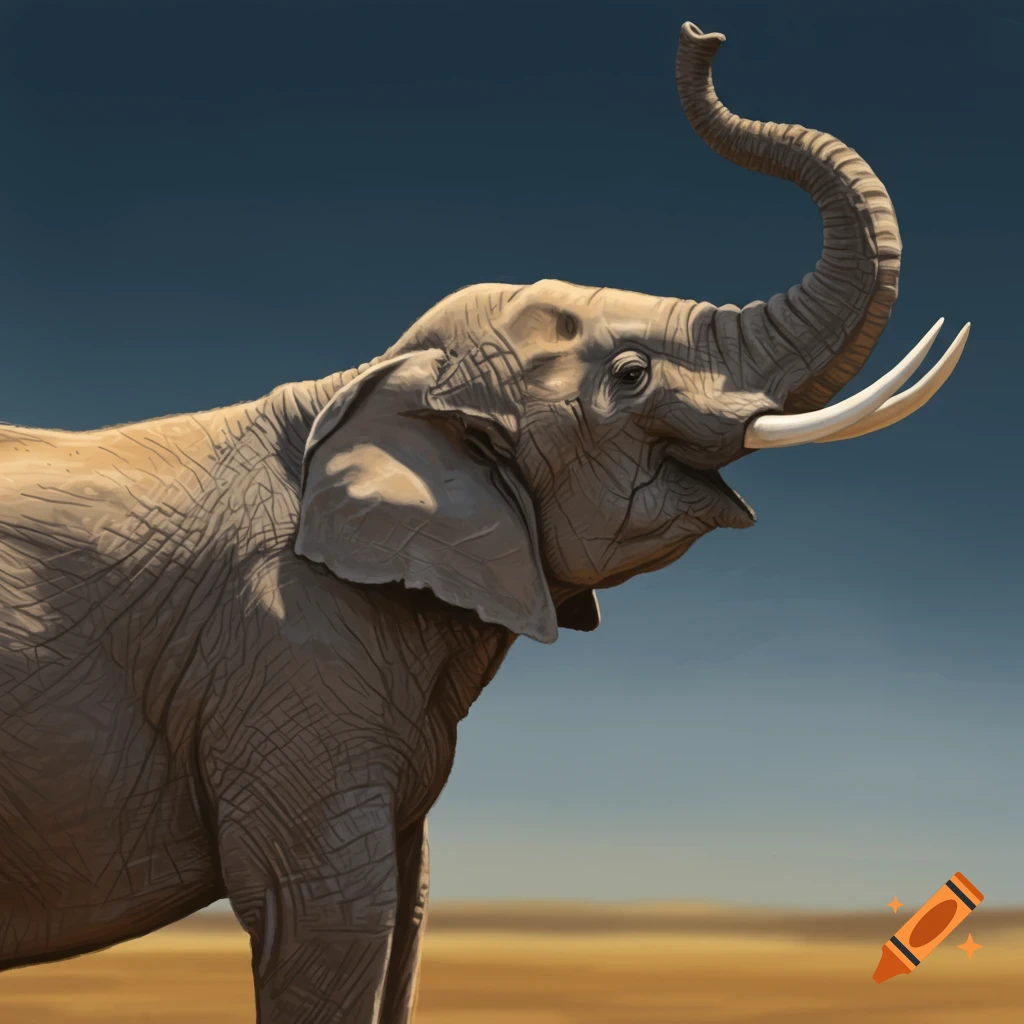 Side view of an elephant with raised trunk against a blue sky and landscape.