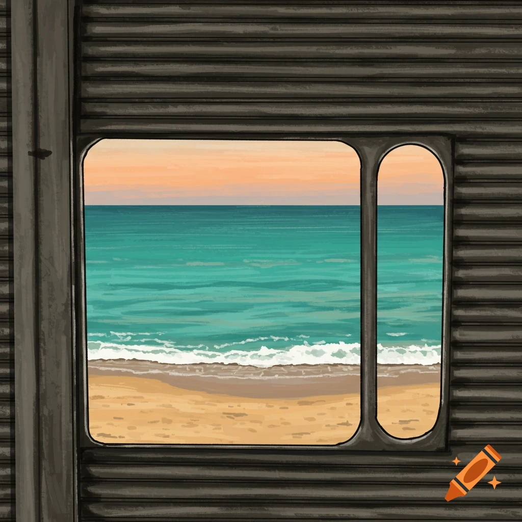A beach and ocean are viewed through a roll-down shutter.
