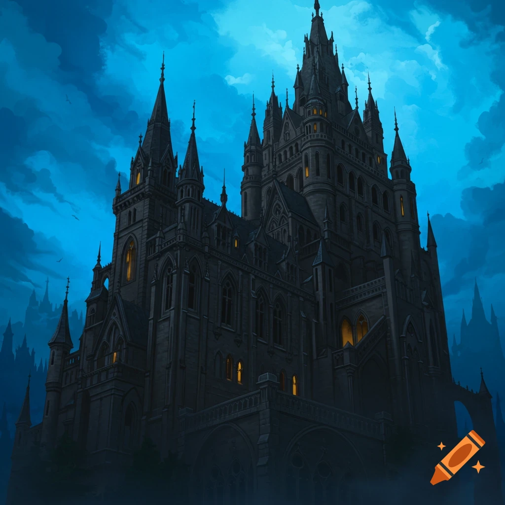 A dark gothic castle against a blue, cloudy sky.