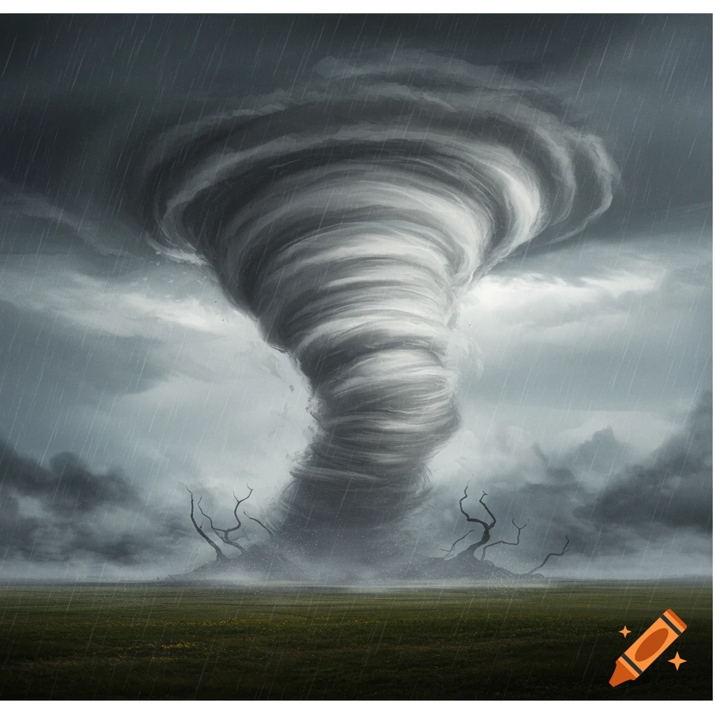 Large tornado in a stormy field with rain.