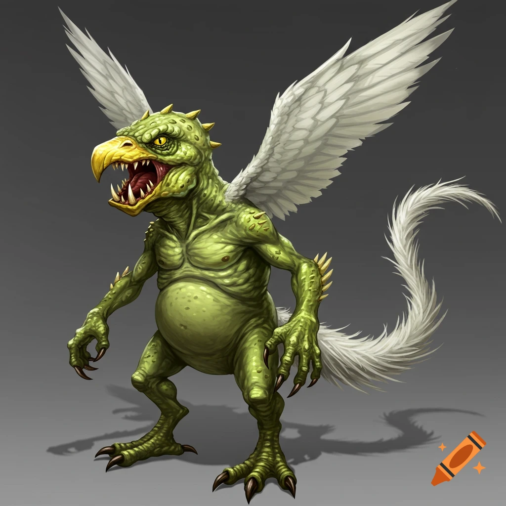 A green fantasy creature with a beak, wings, tail, and claws.