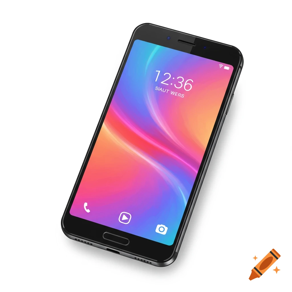 Smartphone displaying time and colorful wallpaper on a white background.