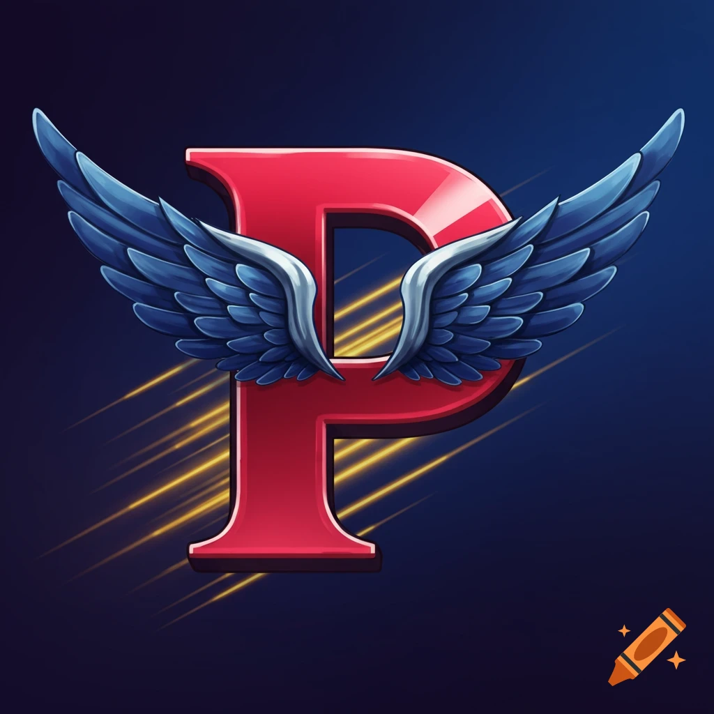 Stylized red letter P with blue wings on a dark background with light trails.