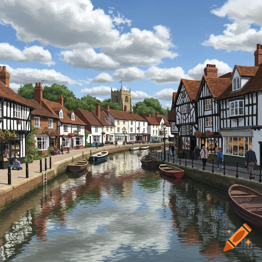 A canal runs through a town with half-timbered buildings, boats, and people walking along the bank under a cloudy sky.