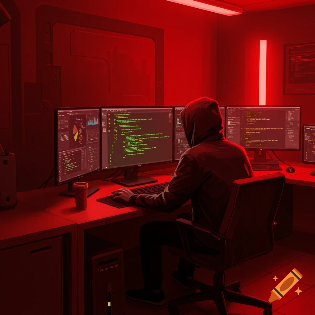 A person in a hooded sweatshirt sits at a desk with multiple computer screens displaying code in a red-lit room.