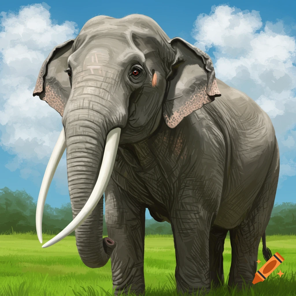 A large elephant standing in a green field under a blue sky