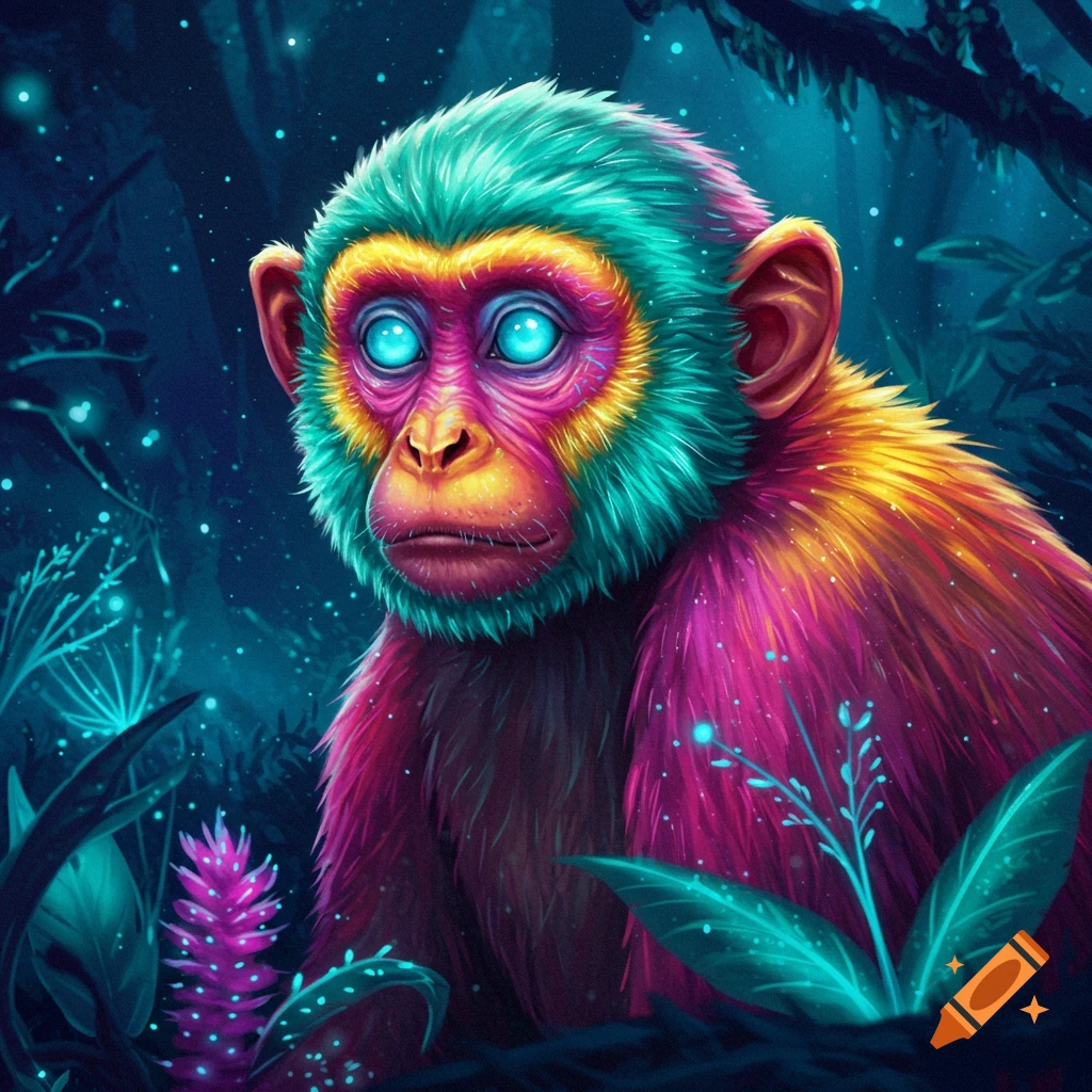 A brightly colored monkey with glowing blue eyes in a luminous jungle.