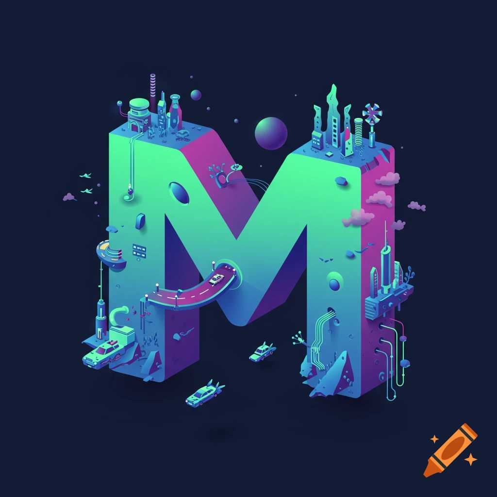 Isometric illustration of a futuristic world built around the letter M, with buildings, vehicles, and space elements.