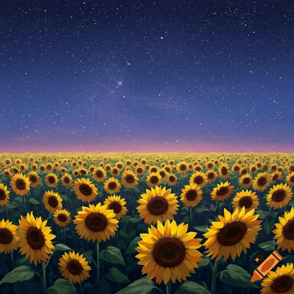 A field of sunflowers under a starry night sky.