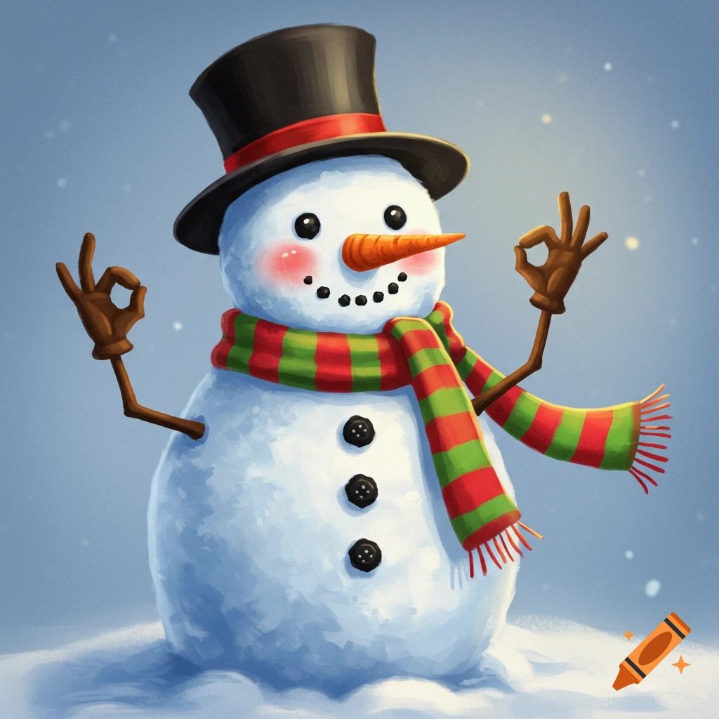 A cartoon snowman wearing a top hat and scarf, making an okay sign with both hands.
