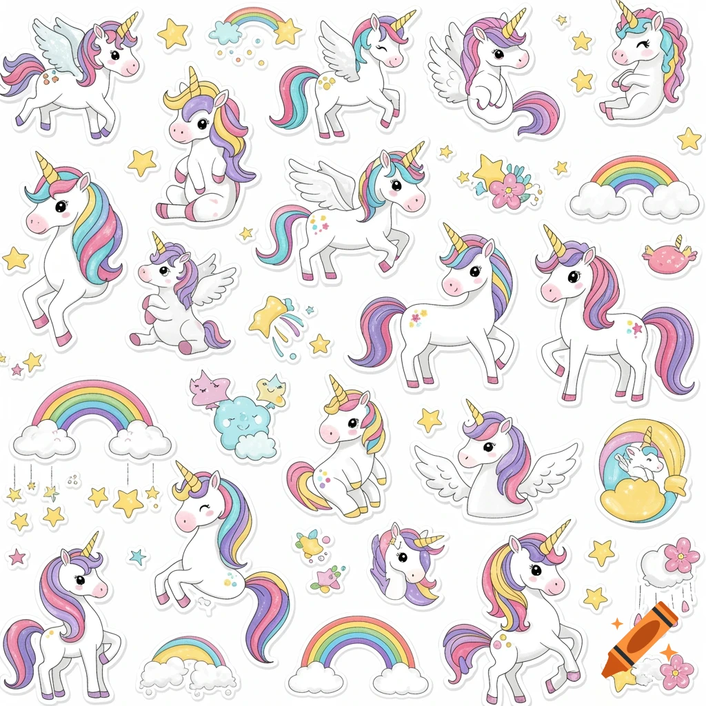 Sheet of cartoon unicorn stickers with rainbows, clouds, and stars on a white background.