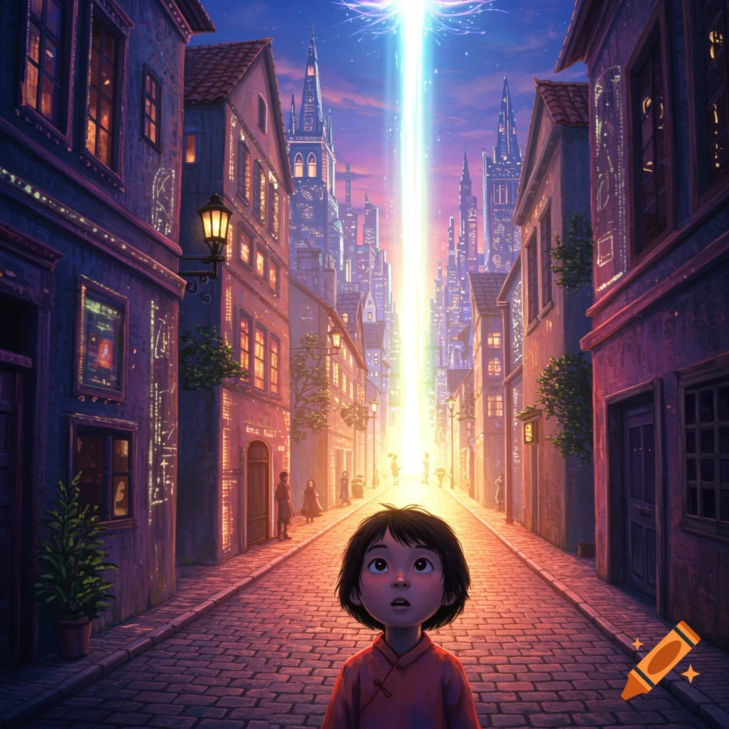 A child stands on a cobblestone street looking up at a bright light beam descending on a fantastical city.