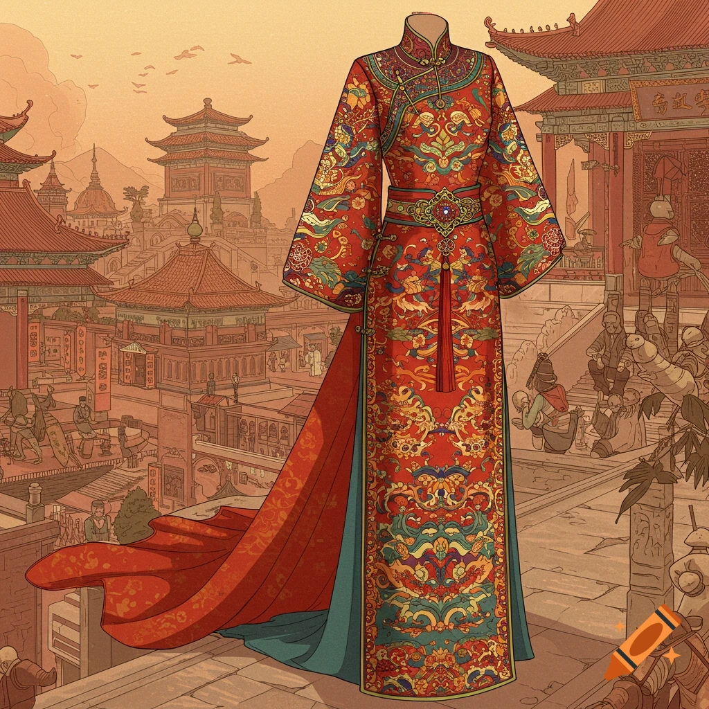 A highly decorated red traditional Chinese dress displayed in a city with traditional architecture.