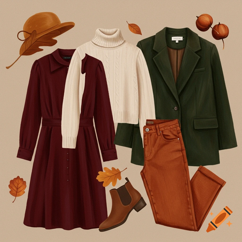 An autumn capsule wardrobe: maroon dress, cream sweater, green blazer, orange pants, brown boots, and fall leaves.
