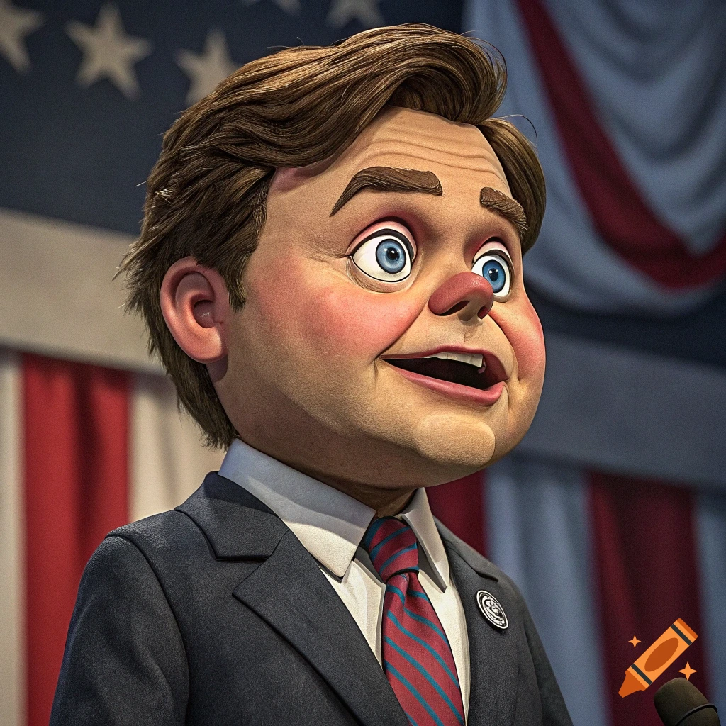 A puppet resembling JD Vance in a suit and tie stands at a podium against an American flag backdrop.