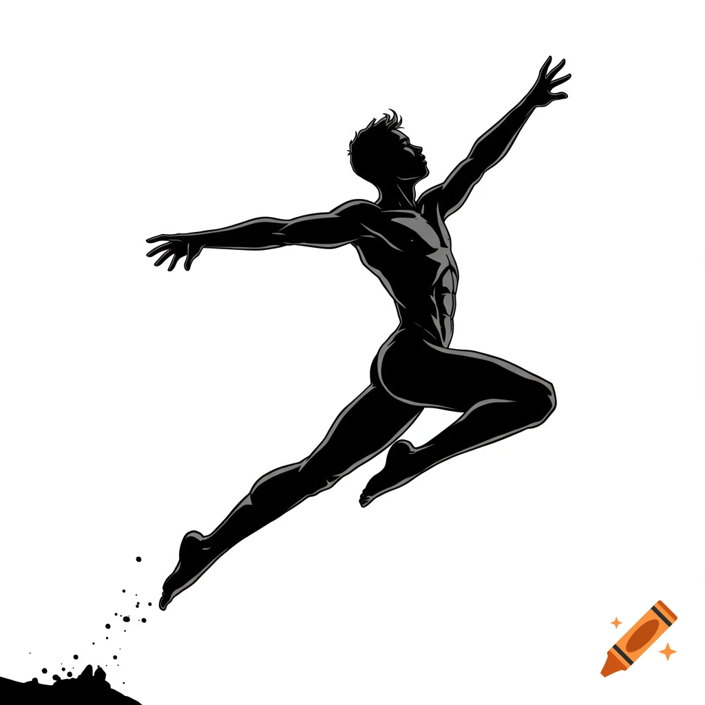 Black silhouette of a male figure leaping against a white background with ink splatters.
