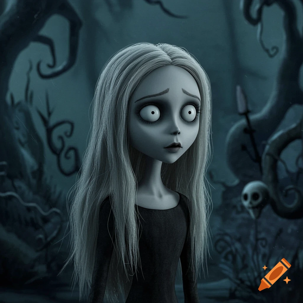 A stylized girl with pale skin and large eyes in a dark, gothic forest setting.