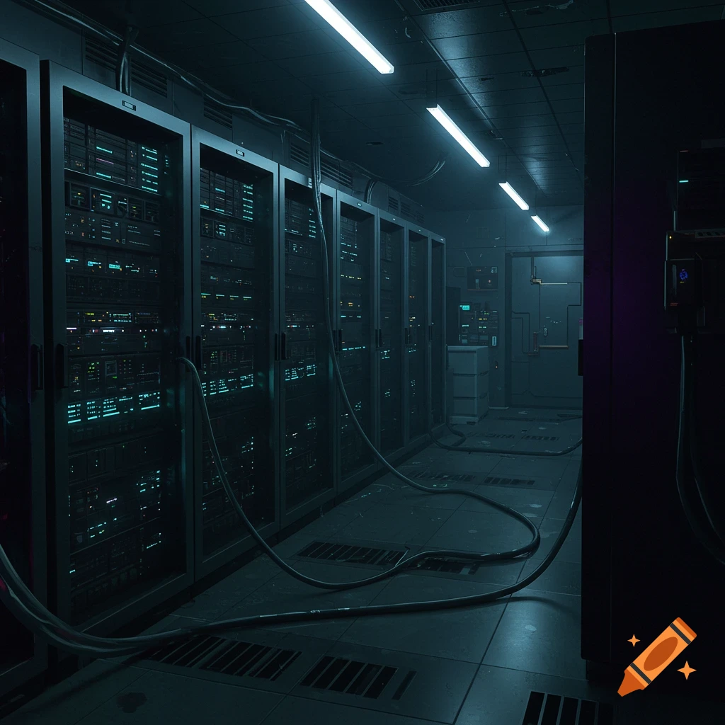 A dark server room with rows of illuminated server racks and cables.