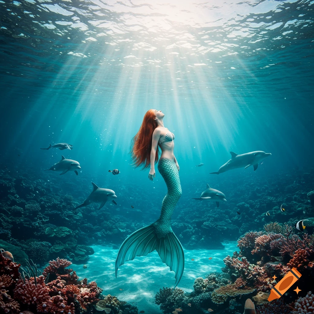 A red-haired mermaid swims underwater with dolphins and coral reefs, sunlight streaming from above.