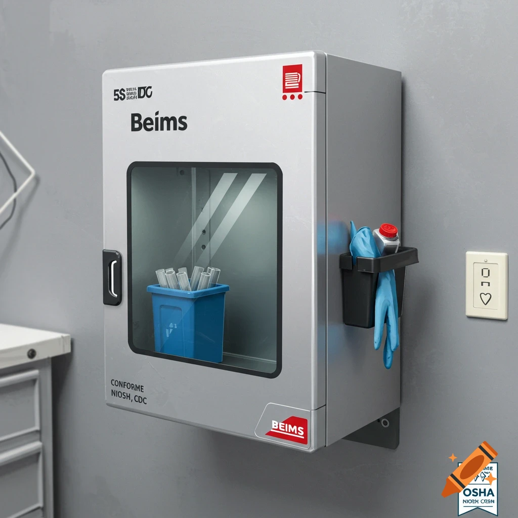 A wall-mounted safety cabinet with a sharps container, gloves, and bottle.