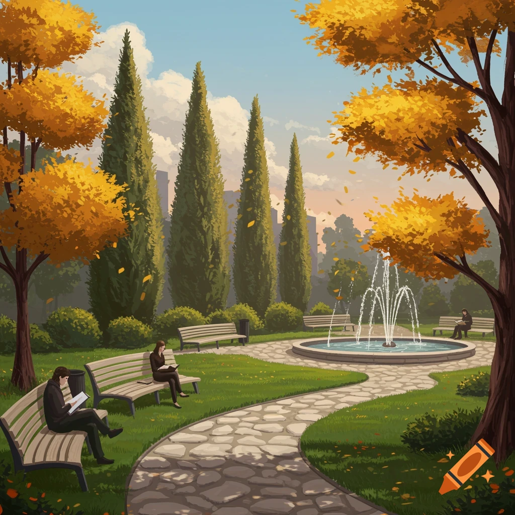 An autumn park scene with people reading on benches near a fountain.