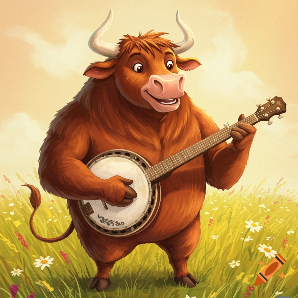A cartoon bull playing a banjo in a field.