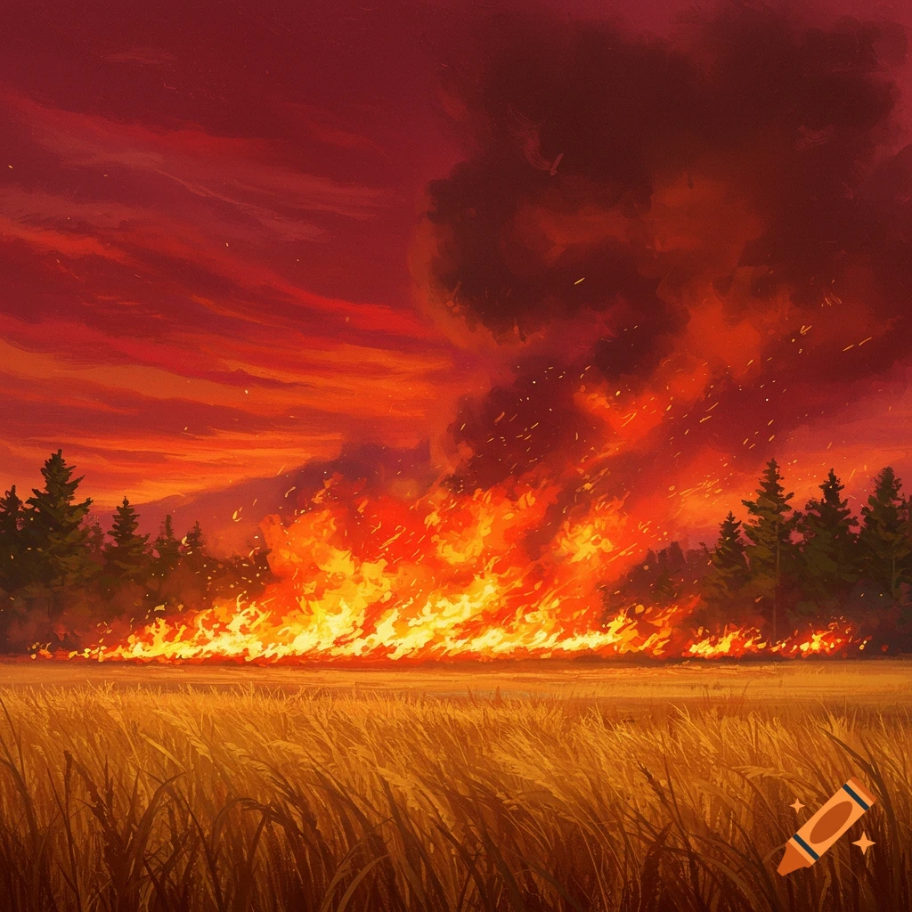 A wildfire burning a forest and field under a fiery red sky.