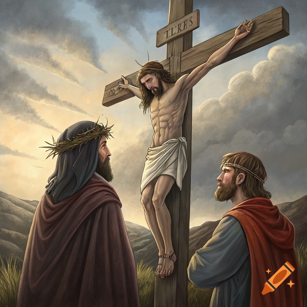 Illustration of Jesus on the cross with two men looking up.