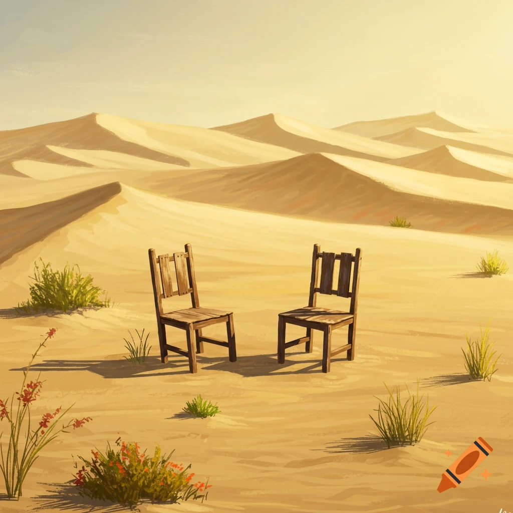 Two wooden chairs facing each other in a sandy desert landscape with dunes.
