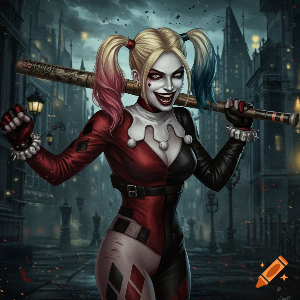 Harley Quinn holding a baseball bat in a city street