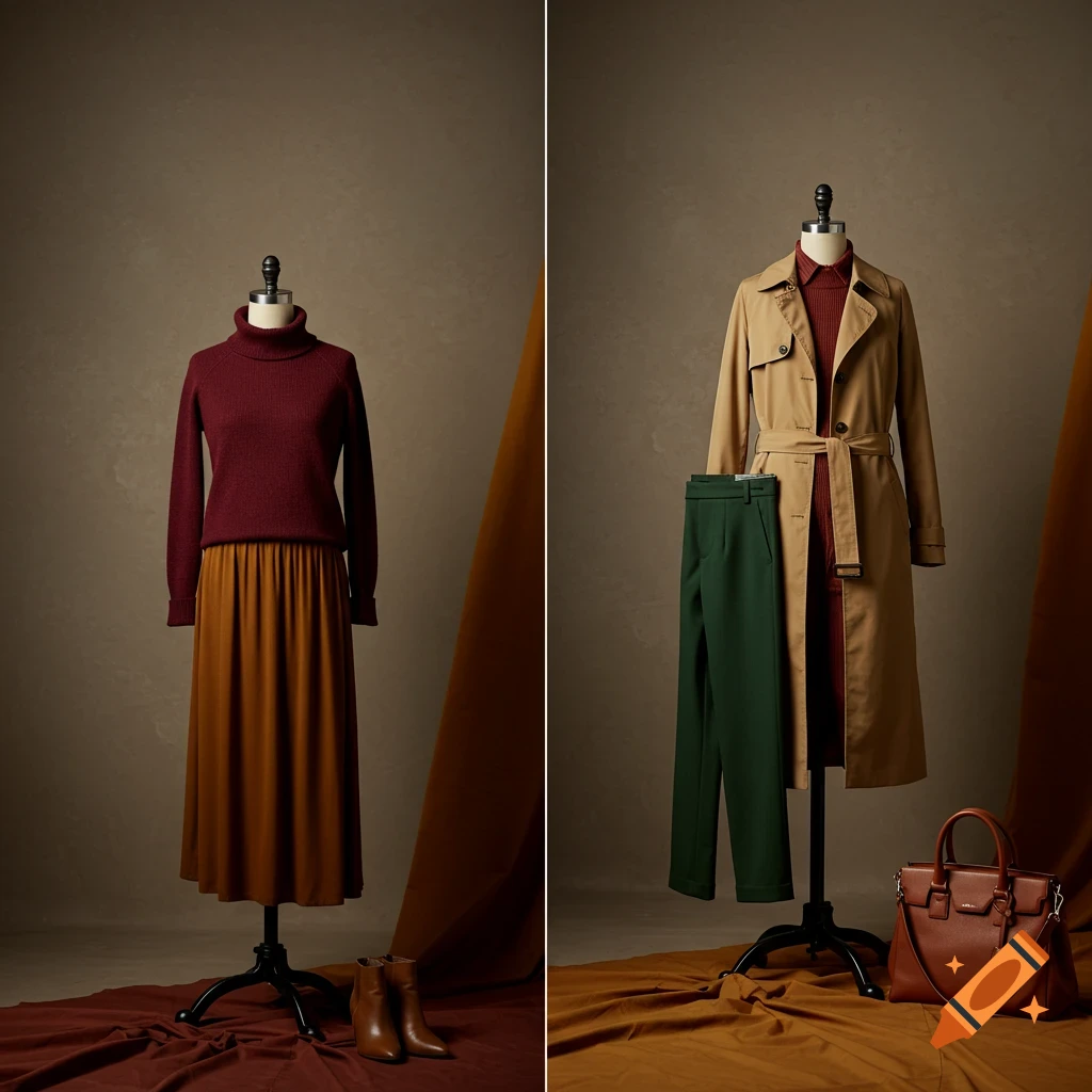 Two mannequins display autumn clothing. One wears a red turtleneck and brown skirt. The other wears a tan trench coat over a red top, green trousers, and holds a brown leather bag.