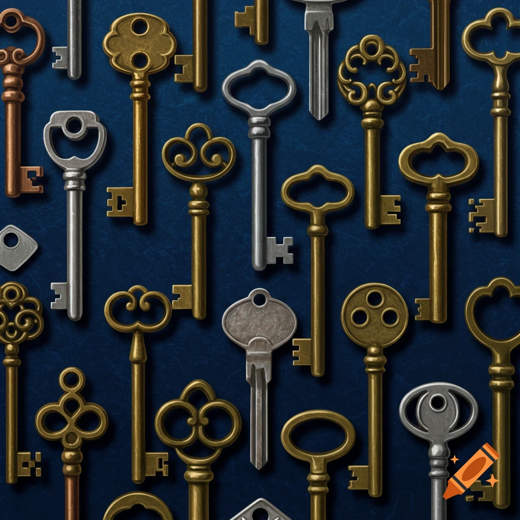 A pattern of antique and modern keys in brass, silver, and copper on a dark blue background.