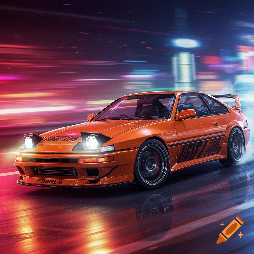 An orange sports car speeding at night with motion blur.