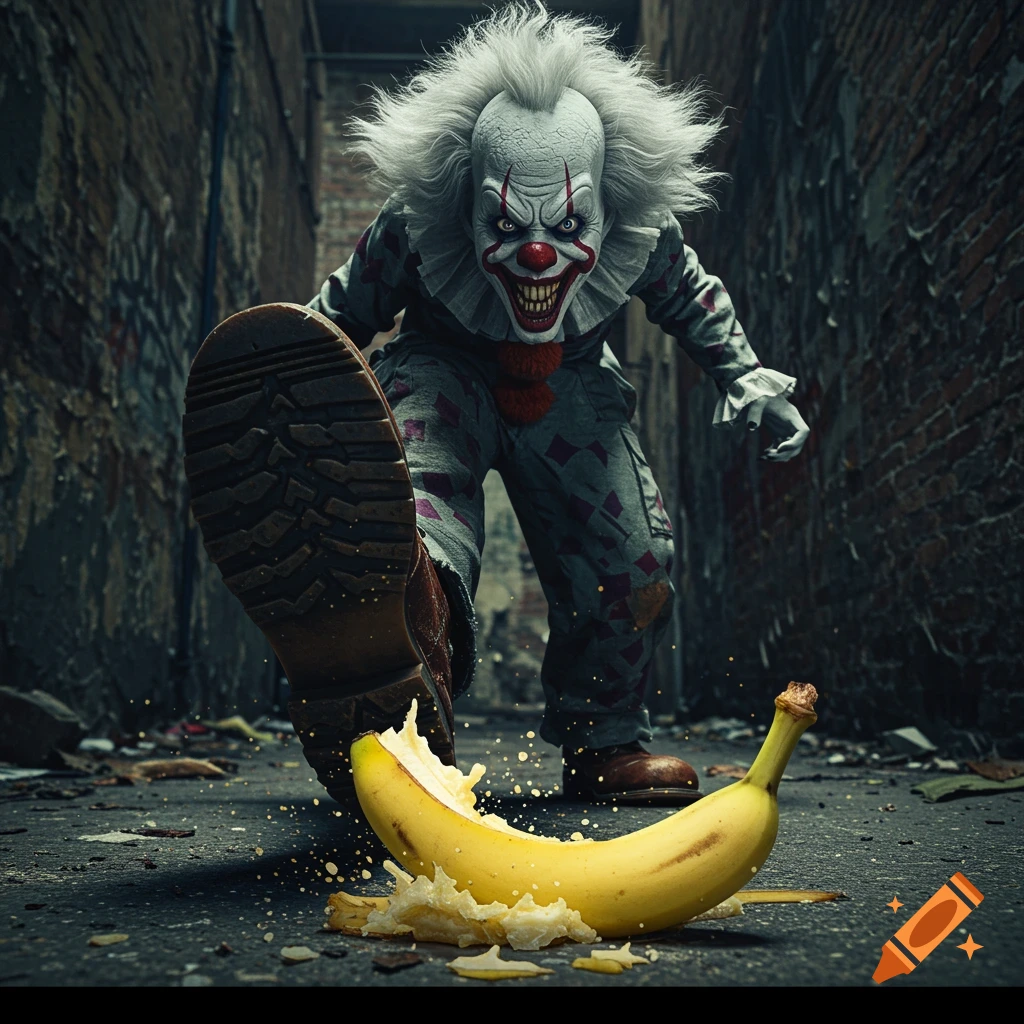 Photorealistic image of a terrifying clown stomping on a banana in a dark alley.