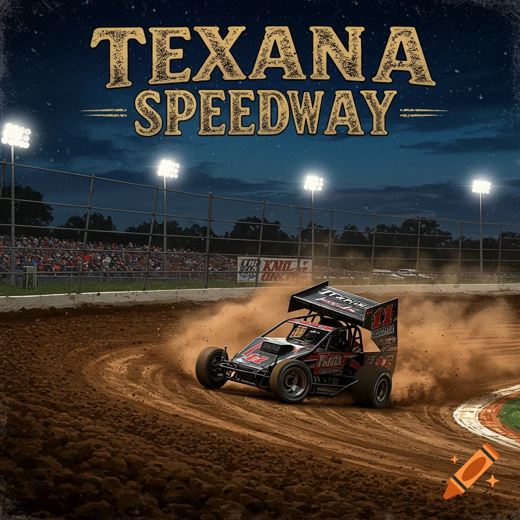 Sprint car racing on a dirt track at night, text reads TEXANA SPEEDWAY.