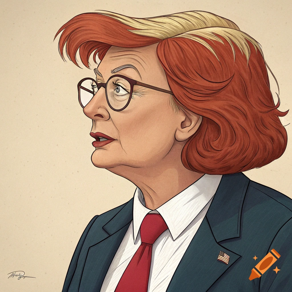 Cartoon caricature portrait of a woman with red and blonde hair styled like Trump's, wearing glasses, a suit, and red tie.