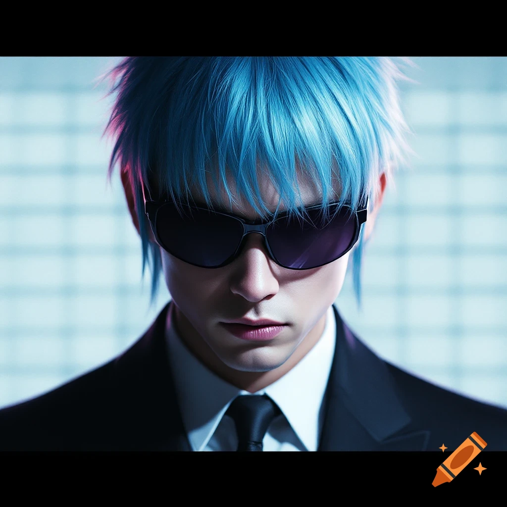A person with bright blue hair, wearing a suit and sunglasses, against a grid background.