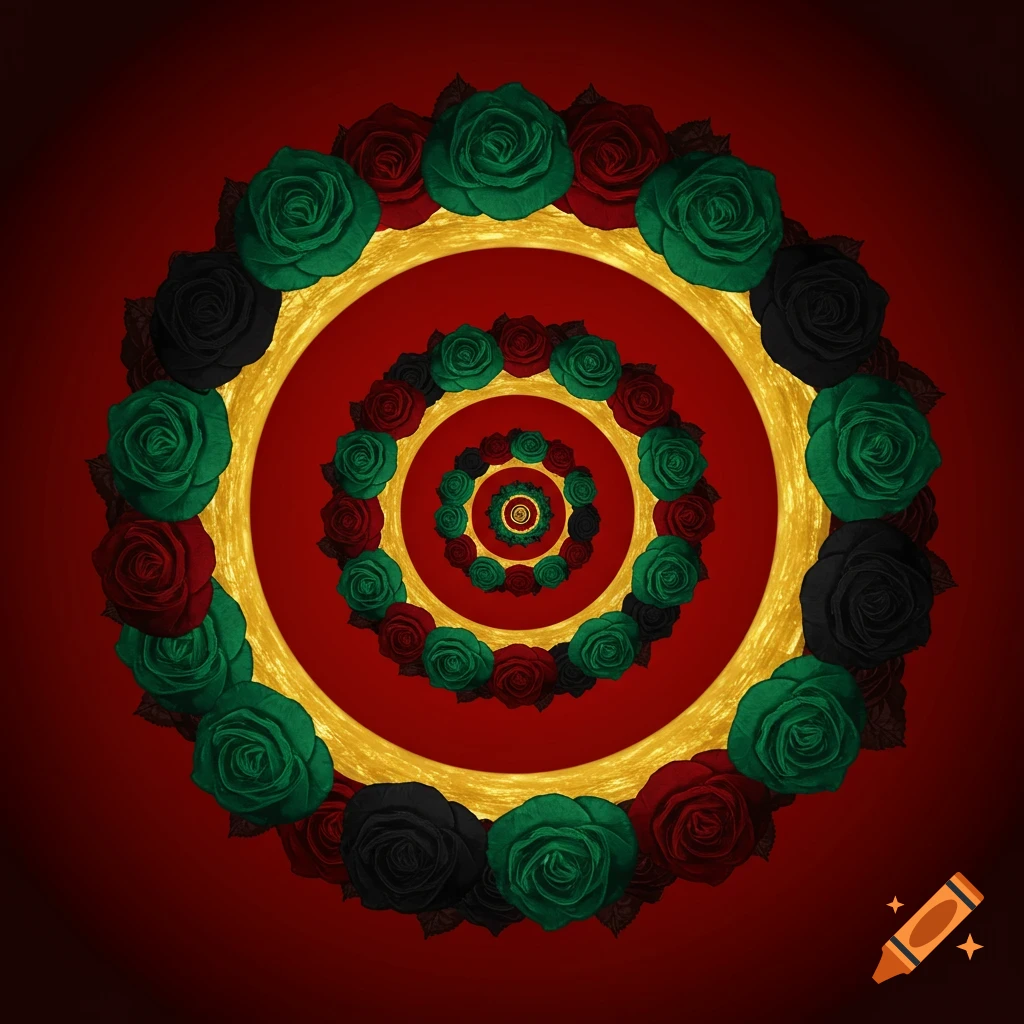 A golden spiral pattern formed by concentric rings of red, green, and black roses on a red background.