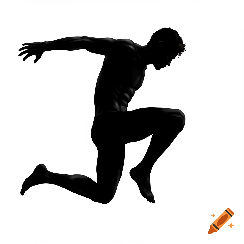 Silhouette of a man leaping against a white background, digital art