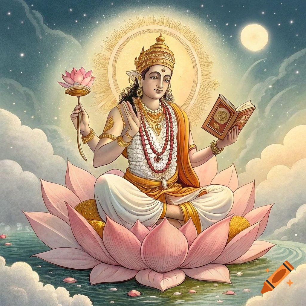 Illustration of Lord Brahma sitting on a lotus, holding a book and flower, under a night sky.