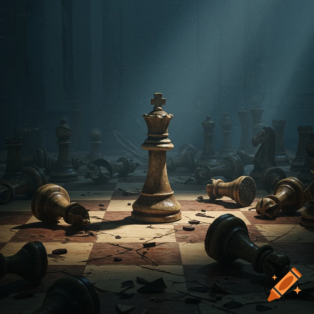 A lone king chess piece stands on a broken chessboard amidst fallen pieces in a dark, moody atmosphere.