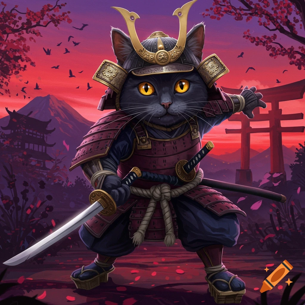 A black cat in samurai armor holds a sword before a torii gate and pagodas at sunset.