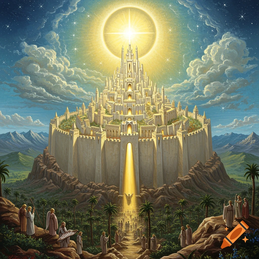 A radiant city on a mountain, with figures ascending a path below a beam of light.