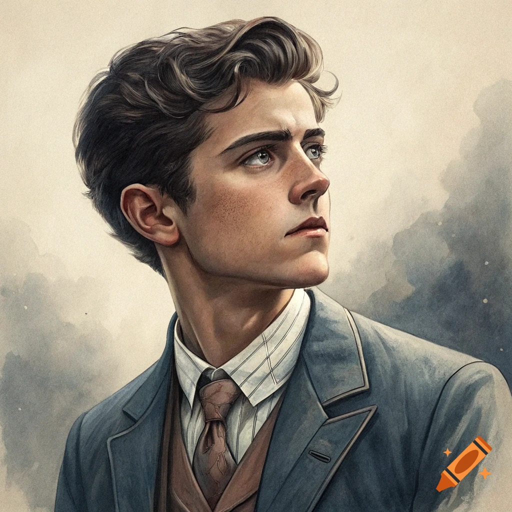 Watercolor portrait of a young man in a suit looking up