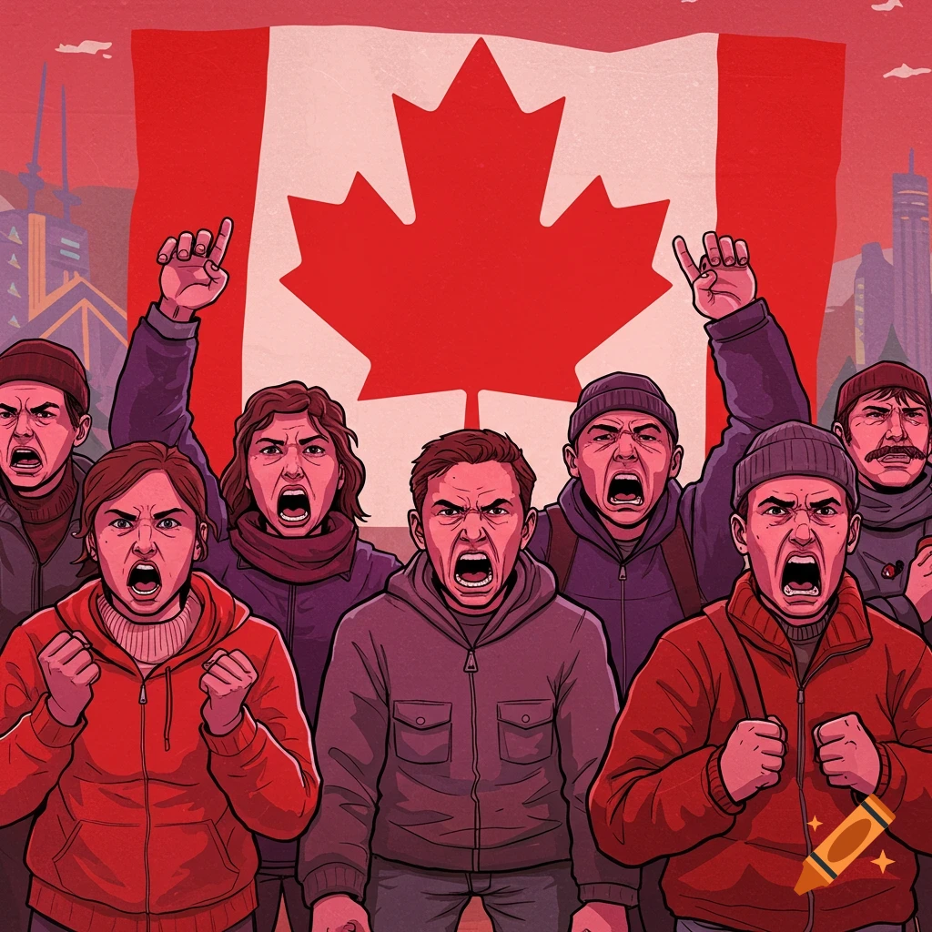 Angry people raising fists and hands in front of a Canadian flag.