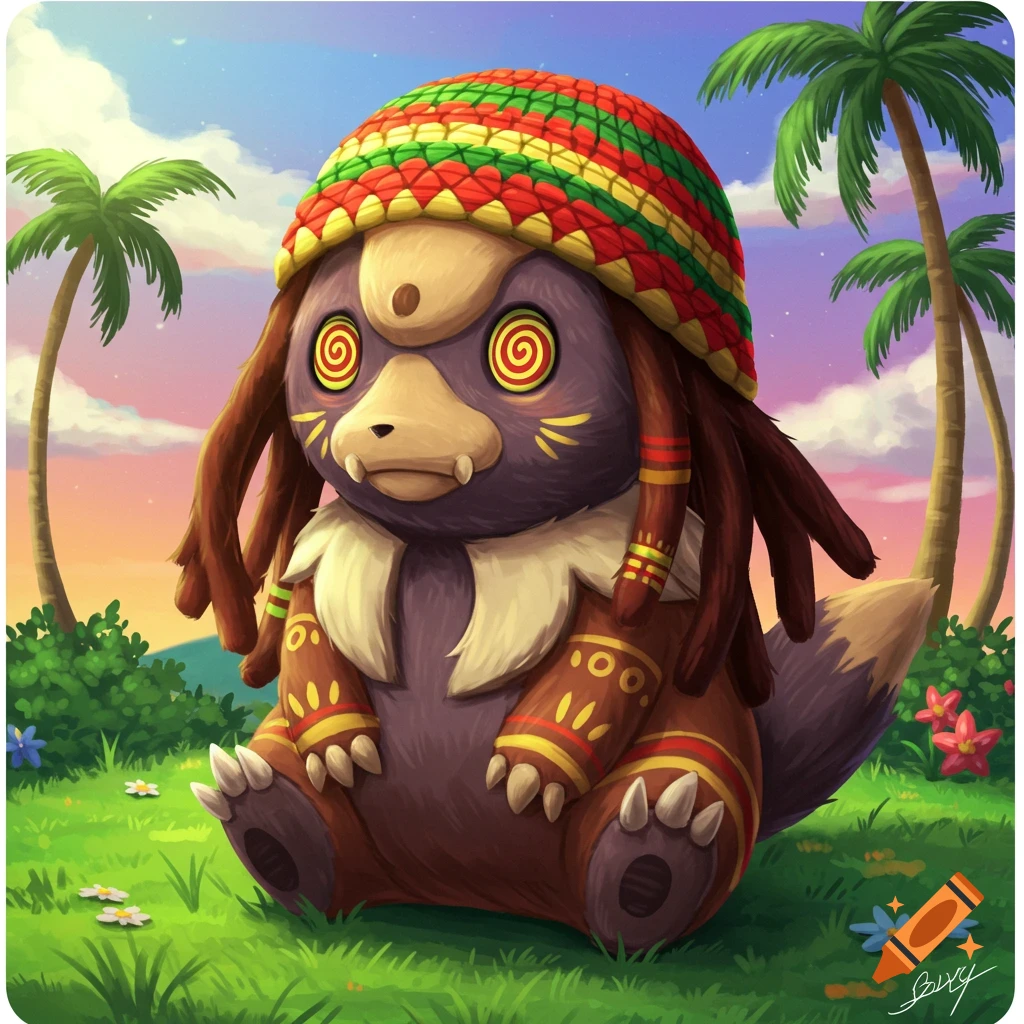 A stylized creature resembling Drowzee Pokemon wearing a Rastafarian hat and dreadlocks, sitting in a grassy field with palm trees.