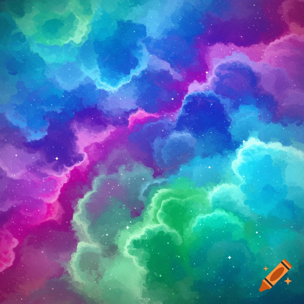 Colorful abstract painting of swirling clouds and stars