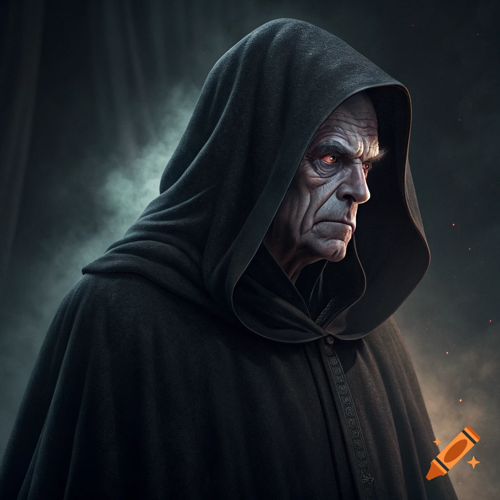 A stern older man in a black hood with glowing red eyes in dramatic lighting.