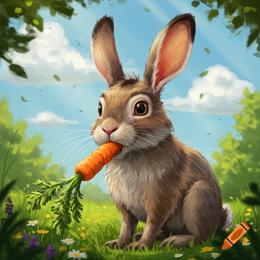 A brown rabbit eating a carrot in a sunny field.